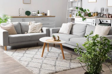 Rahat kanepeleri olan modern açık mutfak.