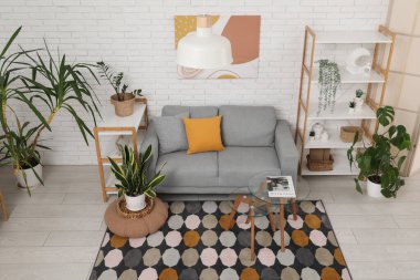 Gri kanepesi, cam sehpası ve çiçekleri olan modern bir oda.