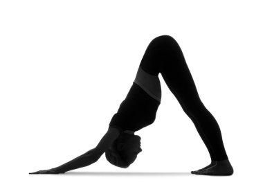 Beyaz arka planda yoga yapan genç bir kadının silueti.