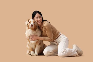 Tatlı Avustralyalı çoban köpeği olan genç bir kadın bej arka planda