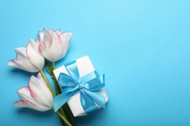 Güzel lale çiçekleri ve mavi arka planda hediye kutusu. Anneler Günü kutlaması