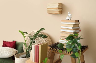 Odadaki bej duvarın yanında heykelcikli kitaplar ve bitkiler.
