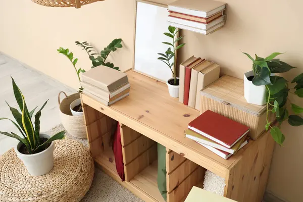 Odadaki raflarda bitkileri ve çerçeveleri olan kitaplar.