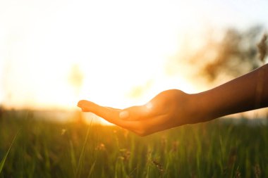 Gün batımında kadın eli. Yaz gündönümü