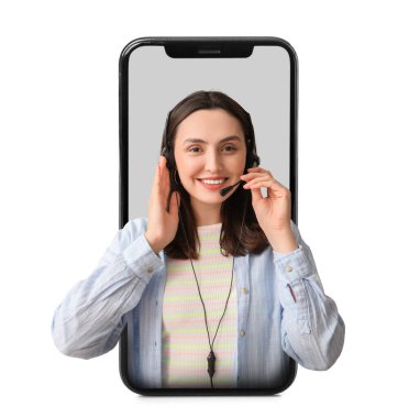 Gri arka planda kulaklık takan kadın teknik destek ajanı