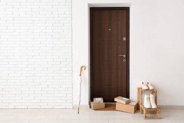 Paspas, paket ve ayakkabı standı olan modern koridorun içi.