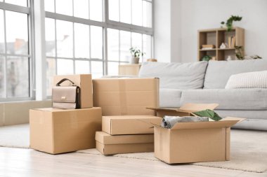 Paket kutuları ve çantalar oturma odasında halının üzerinde.