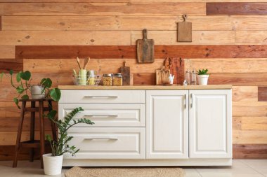 Mutfaktaki ahşap duvarın yanında mutfak aletleri ve bitkilerle tezgahlar.