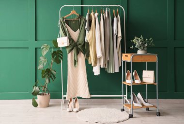 Elbise askısı, ayakkabı ve bitkileri olan bir stilistin stüdyosu.