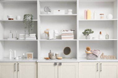 Banyo malzemeleri ve bitkilerle dolu raf ünitesi.