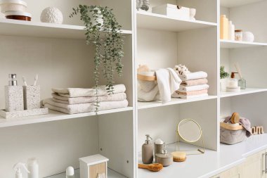 Beyaz raflarda bitki olan farklı banyo aksesuarları.