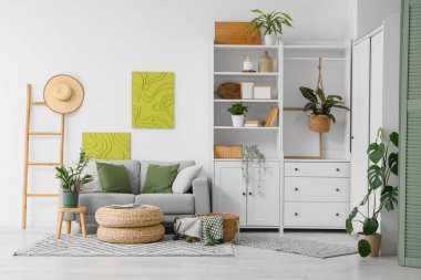 Dolap, kanepe ve bitkilerle aydınlık oturma odasının içinde.