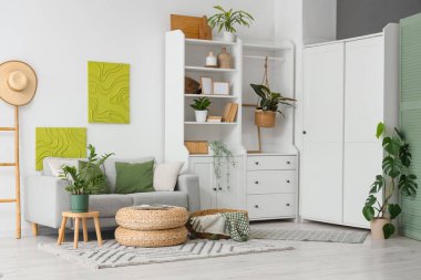 Dolap, kanepe ve bitkilerle aydınlık oturma odasının içinde.