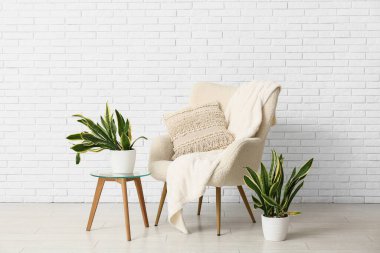 Beyaz tuğla duvarın yanında koltuk, masa ve sansevieria bitkileri olan bir oda.