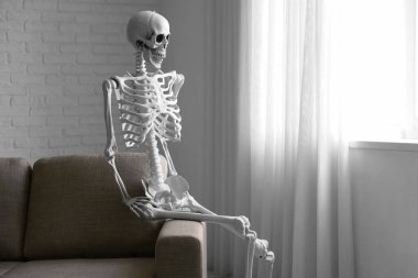 Oturma odasındaki kanepede oturan iskelet.