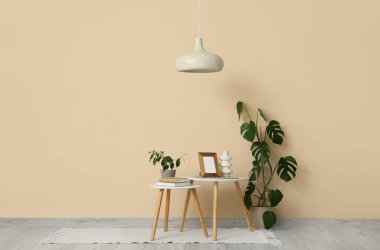 Oturma odasının içindeki bej duvarın yanındaki kahve masaları ve bitkiler.