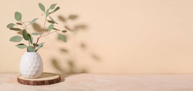 Bej arkaplan üzerinde yeşil okaliptüs dalları ve metin için alanı olan vazo