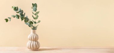 Bej arkaplan üzerinde yeşil okaliptüs dalları ve metin için alanı olan vazo