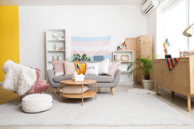 Kanepe, LGBT ve transseksüel bayraklı oturma odası.