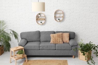 Gri kanepeli ve sepetli ev bitkileriyle şık bir oturma odası.