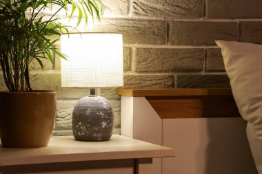 Parlak lamba, karanlık yatak odasındaki bitki örtüsü, yakın plan