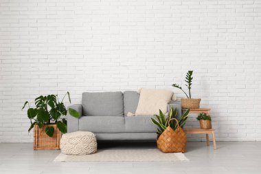 Oturma odasının içinde sepetlerde kanepe, tabure ve bitkiler var.