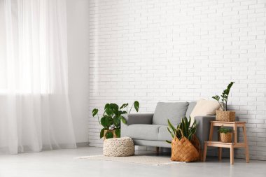 Oturma odasının içinde sepetlerde kanepe, tabure ve bitkiler var.