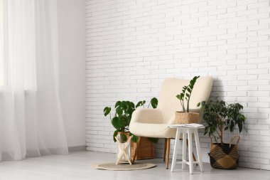 Oturma odası, koltuk, masa ve yeşil bitkiler.