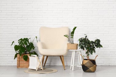 Oturma odası, koltuk, masa ve yeşil bitkiler.