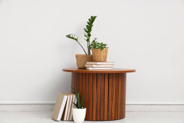 Kitapları ve yeşil bitkileri olan bir masa.