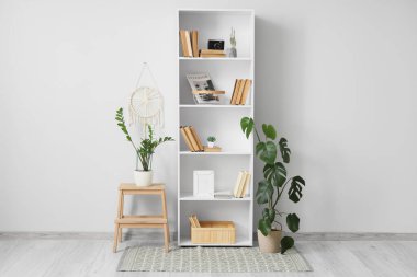 Kitaplık ve tabure. Odada ışık duvarının yanında bitkiler var.