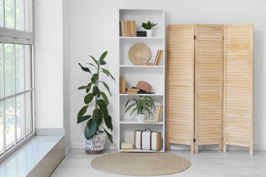 Kitaplığı, bitkileri ve katlanan ekranı olan ışık odasının içi