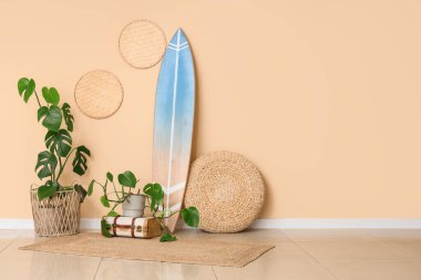 Bej duvarın yanında sörf tahtası ve retro bavulu olan canavar bitkileri.