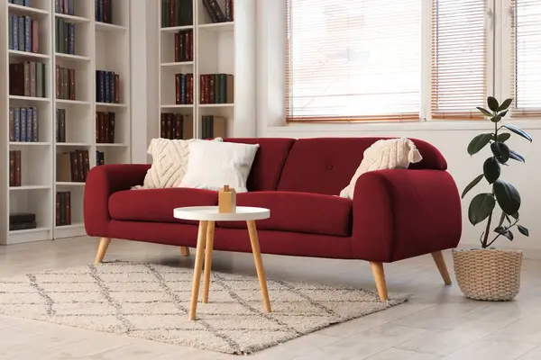 Modern kırmızı kanepe ve oturma odasında kitaplıklar.