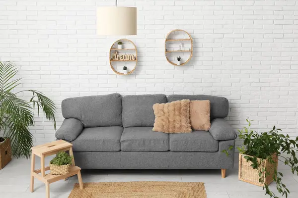 Gri kanepeli ve sepetli ev bitkileriyle şık bir oturma odası.