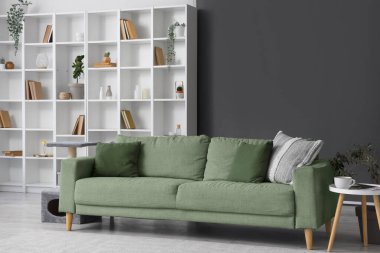 Gri kanepesi ve kitaplığı olan oturma odasının içinde.