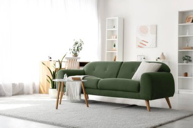 Oturma odasının içindeki yeşil kanepe.