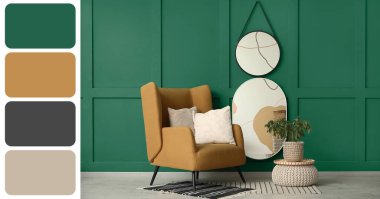 Yeşil duvarda aynalar, koltuklar ve iç odalarda saksı çiçekleri. Farklı renk desenleri