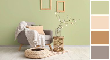 Koltuk, masa, puf ve Paskalya süslemeleri. Farklı renk desenleri