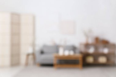 Oturma odasının içinde kanepe, masa, katlanan ekran ve açan dallar, bulanık görünüm.