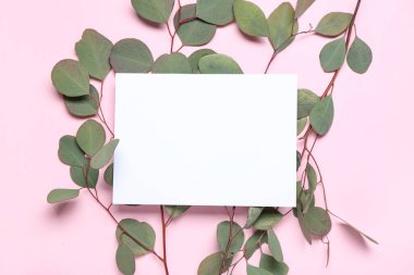 Okaliptüs dalı ve pembe arka planda boş kart