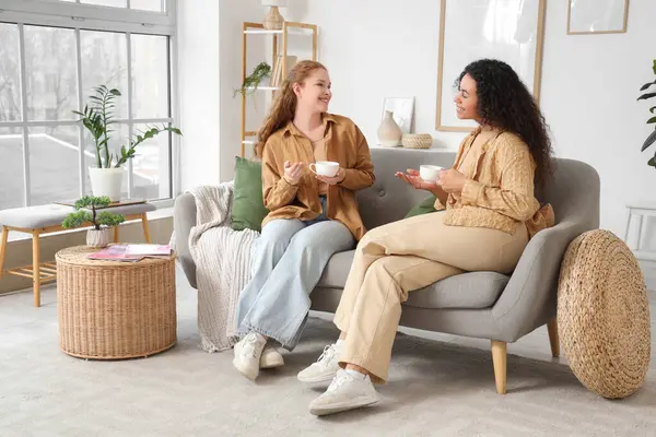 Evdeki kanepede oturup çay içen güzel, genç ve mutlu bayan arkadaşlar.