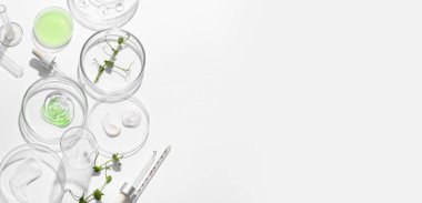 Farklı örnekler içeren petri kapları, lahanalar ve ışık arkaplan üzerinde cam damlalar metin için alan, üst görünüm