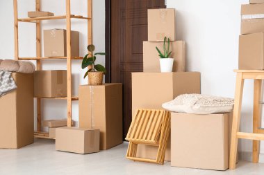 Koridorun içinde raf ünitesi, ev bitkileri ve kapının yanında bir sürü paket var.