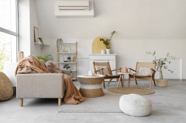 Rahat gri kanepesi, kahve masası, puf ve çiçekleri olan şık bir oturma odası.