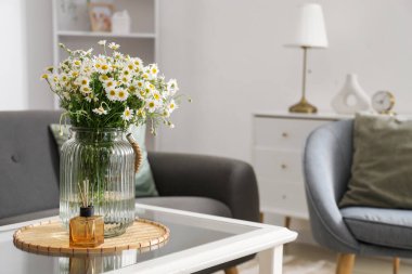 Vazo papatya çayı ve sazlık ayırıcı oturma odasındaki masada.