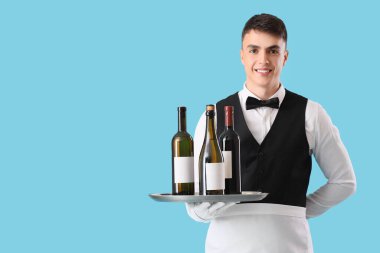 Elinde mavi arka planda farklı şarap şişeleri olan genç bir garson.