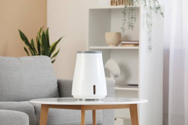 Oturma odasındaki masada hava nemlendirici var, yakın plan.