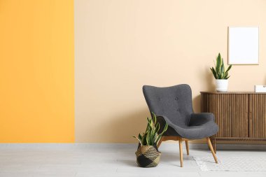 Rahat koltuğu ve renk duvarına yakın bitkileri olan modern oturma odasının şık bir iç mekanı.