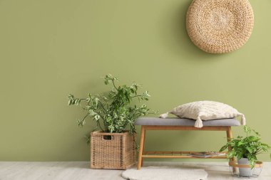 Yastıklı gri bank ve yeşil duvarın yanında bitkiler